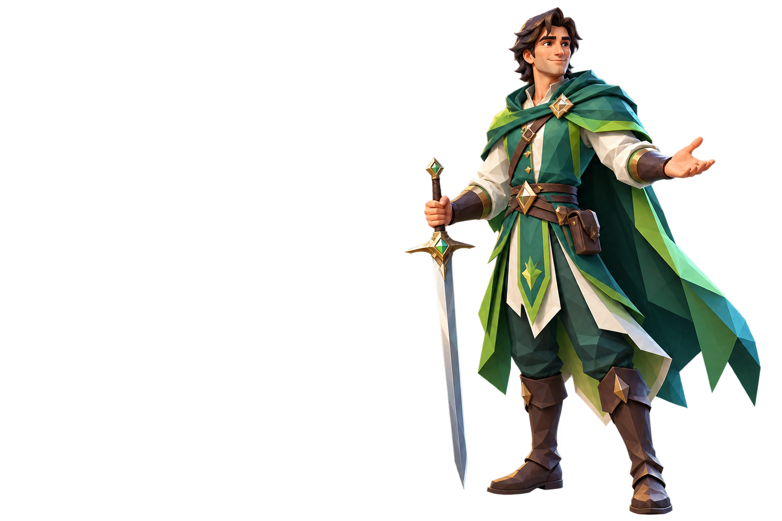 Low-poly illustration of a protagonist holding a sword